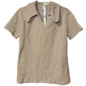 Vintage Handmade Mod Checkered Zip Back Blouse Brown Yellow Women’s M